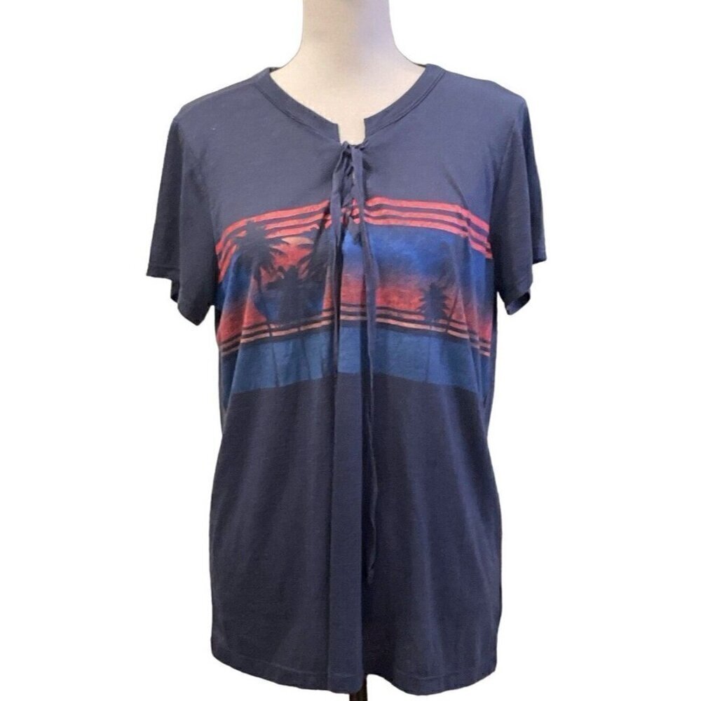 Jessica Simpson Womens Knit Top Size L Drawstring Tie Blue Tropical Print
